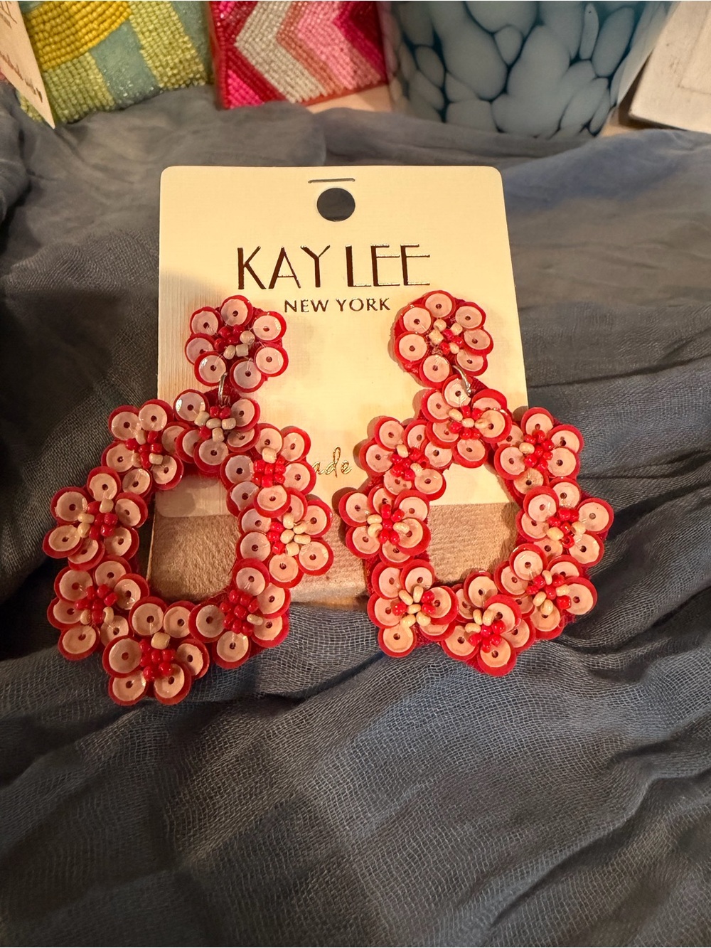 Handmade Kay Lee New York Statement Red Floral Teardrop Earrings - NWT Jewelry - Picture 2 of 2